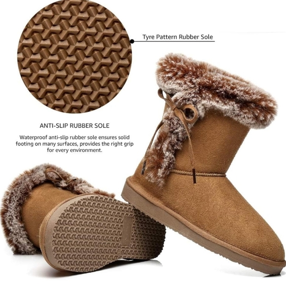 Women's Carmel Brown Faux Fur/Suede Ugg Style Mid Calf Snow Boot- Size 9 - Picture 6 of 10